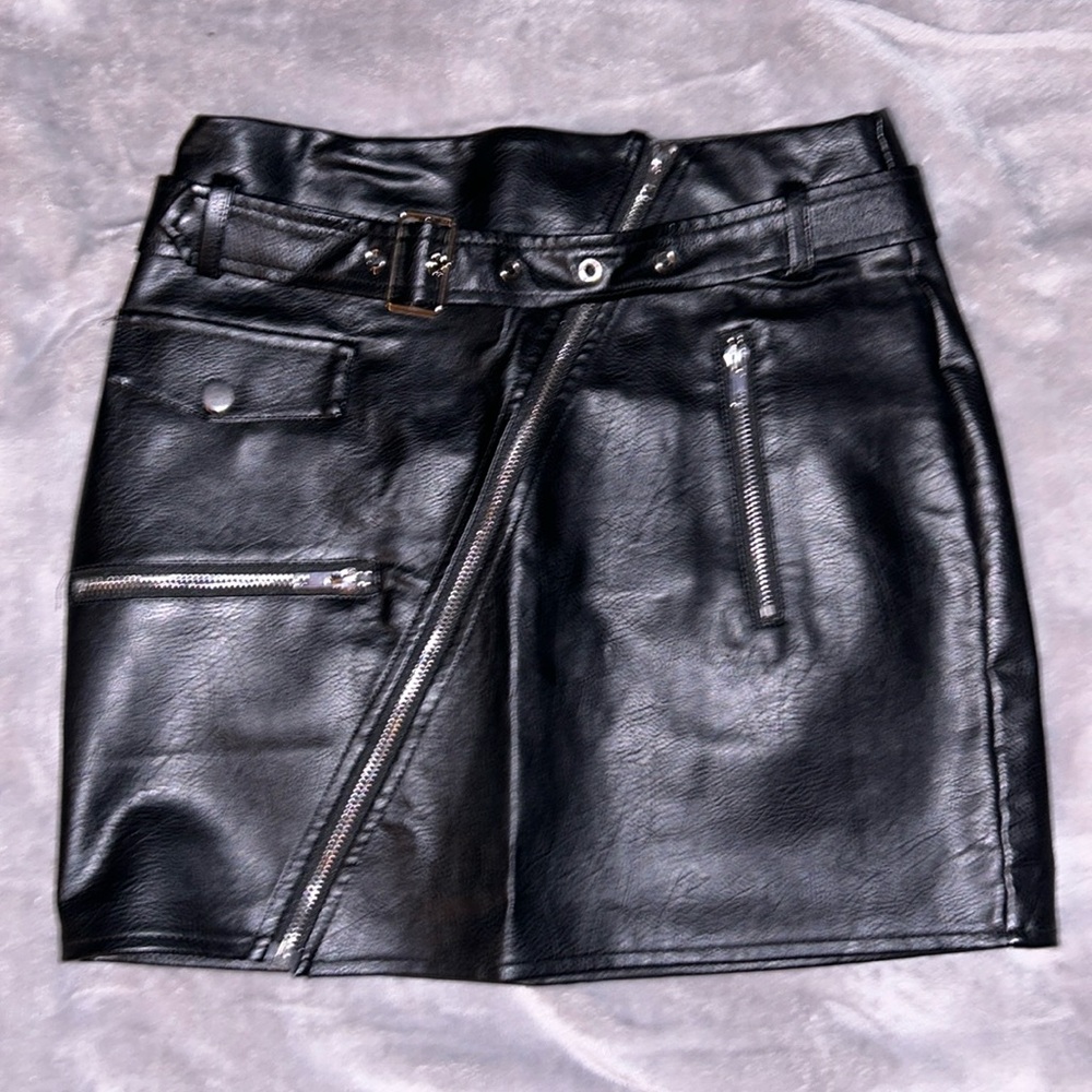 Black faux, leather skirt with belt, fashion nova